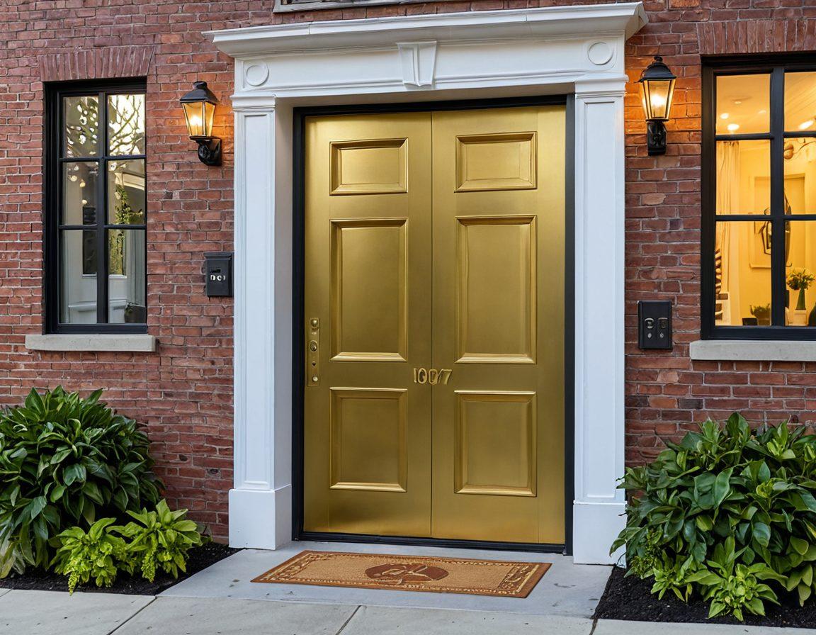 A golden key unlocking a door adorned with a 'For Sale' sign, symbolizing the potential of real estate. Surround the scene with elements like a house blueprint and money plants, indicating growth and investment. In the background, a skyline of modern homes and skyscrapers reflects optimism and urban success. The key and door should shine, emphasizing opportunity. super-realistic. vibrant colors.