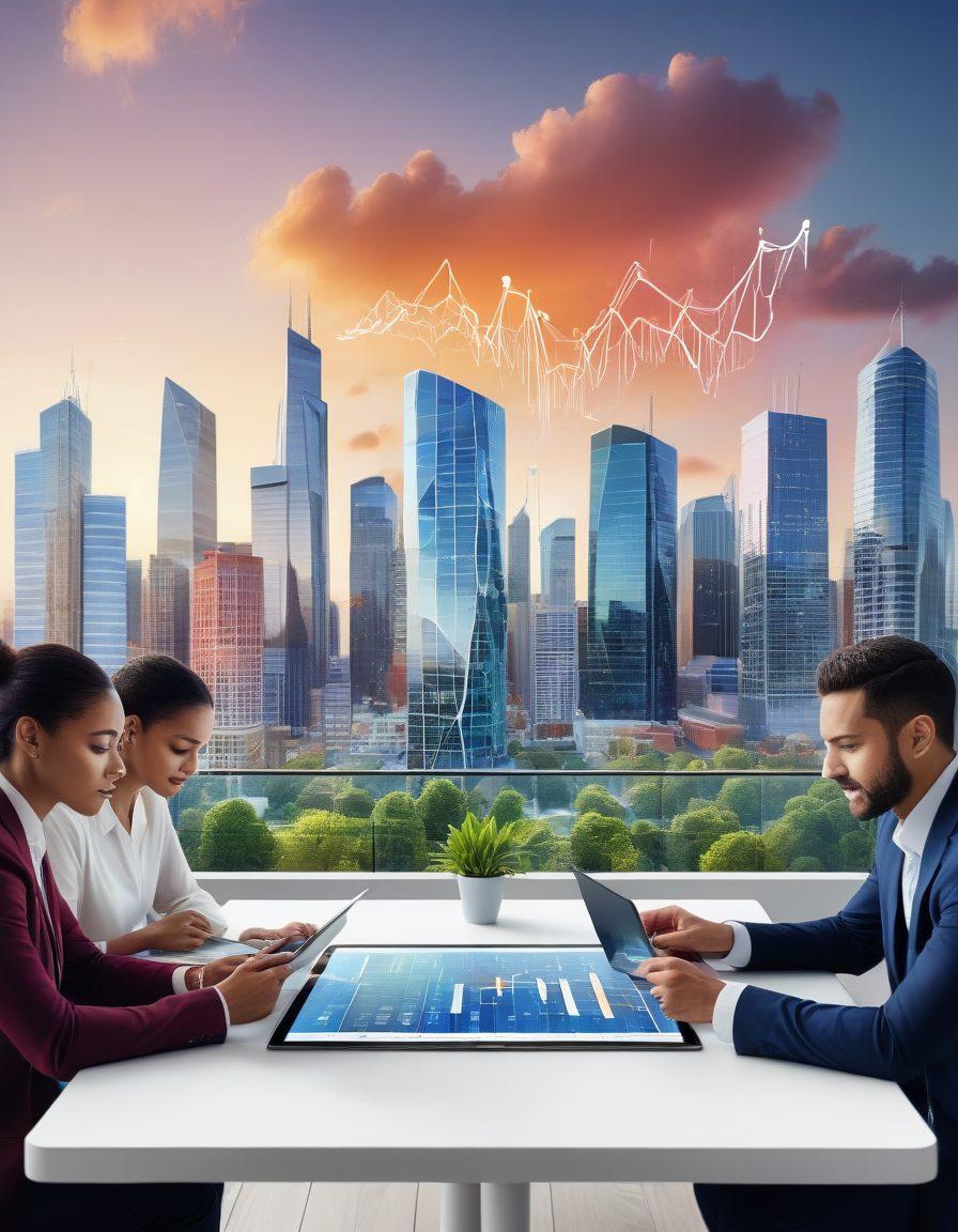 A modern skyline featuring a mix of residential buildings, with a digital overlay of rising graphs and housing market trends. Include a diverse group of people discussing around a table, analyzing data on tablets and laptops. The sky should be clear and bright, symbolizing a hopeful future in real estate. Infuse elements of innovation, like smart home technology icons. super-realistic. vibrant colors. white background.