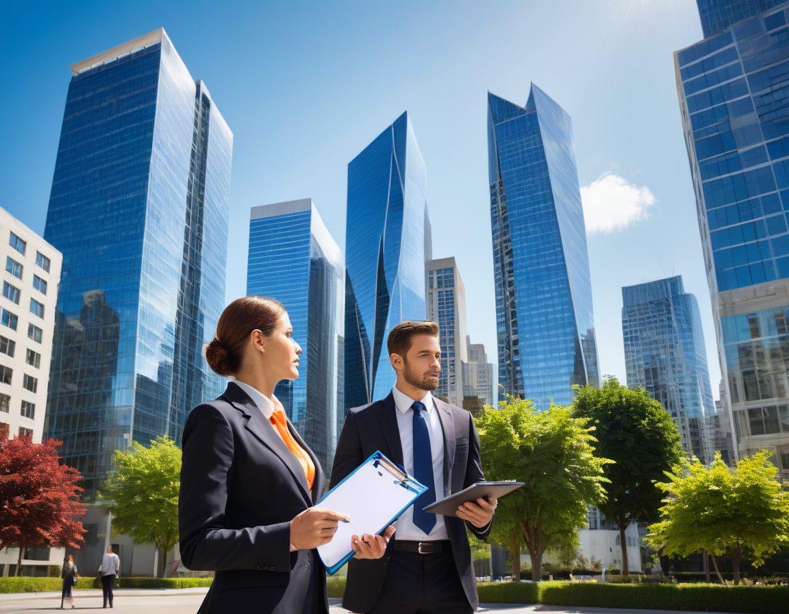 A modern cityscape showcasing diverse properties like residential homes, commercial buildings, and skyscrapers, with a foreground featuring a professional holding a clipboard and discussing with a couple. Include graphs and charts symbolizing property valuation metrics in the background. Bright blue sky and lush greenery to evoke a sense of optimism in property management. super-realistic. vibrant colors.